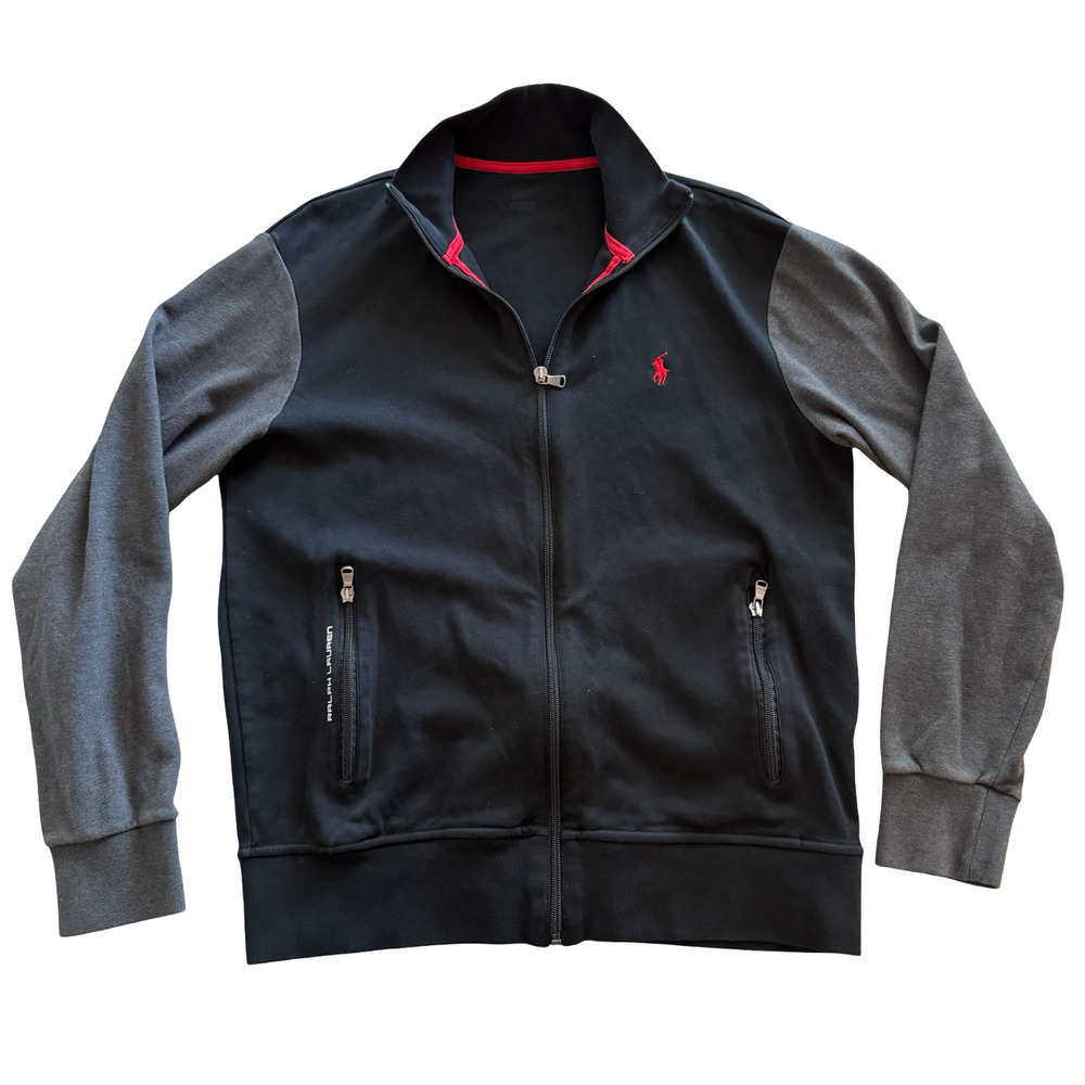 Polo Ralph Lauren Track Jacket Black Gray Full Zip Mock Neck Athletic Sweater